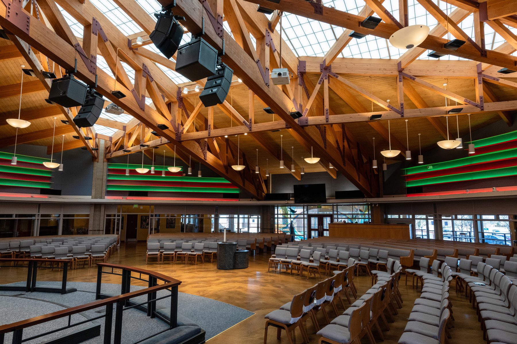 Stage lighting rig over a worship platform