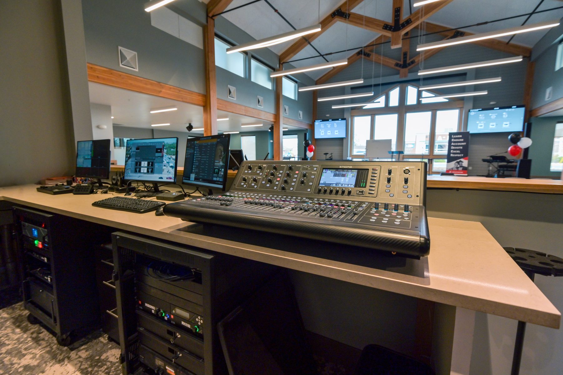 Stage lighting rig installed in a worship center
