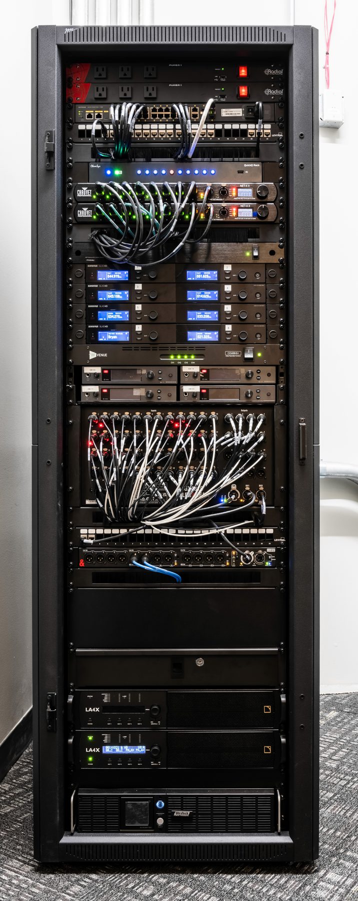 Wiring detail inside an AV equipment rack